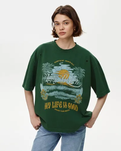 Винтажная футболка Long beach зеленого цвета
