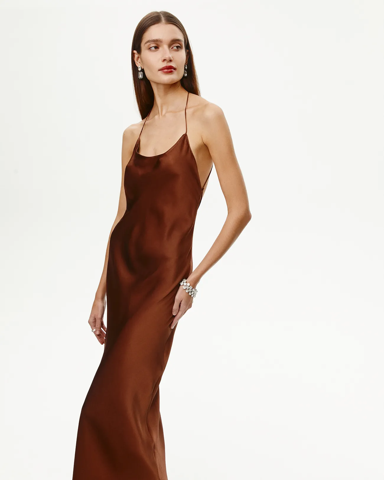 Платье-комбинация макси шоколадного цвета