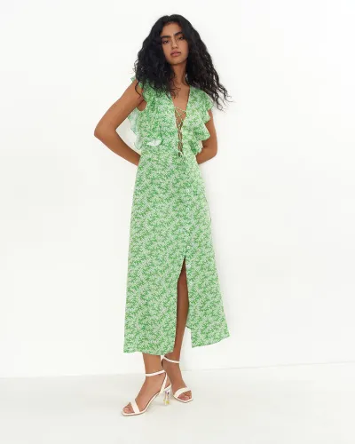 Платье миди на шнуровке зеленого цвета