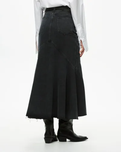 Юбка джинсовая миди со складками темно-серого цвета
