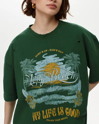 Винтажная футболка Long beach зеленого цвета
