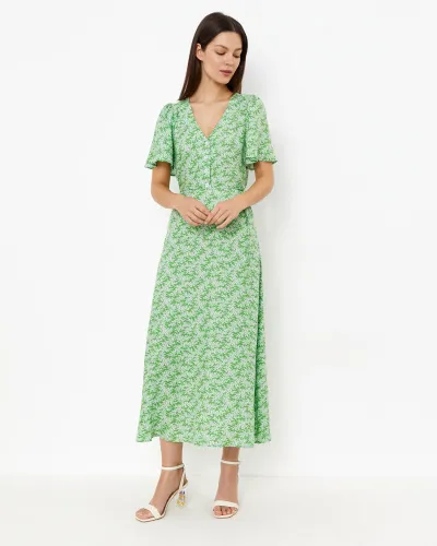 Платье миди в цветочек зеленого цвета